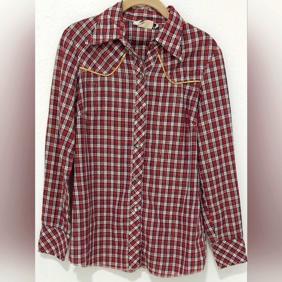 VINTAGE 1970'S WESTERN PEARL BUTTON DOWN PLAID SHIRT SIZE M - Picture 1 of 7